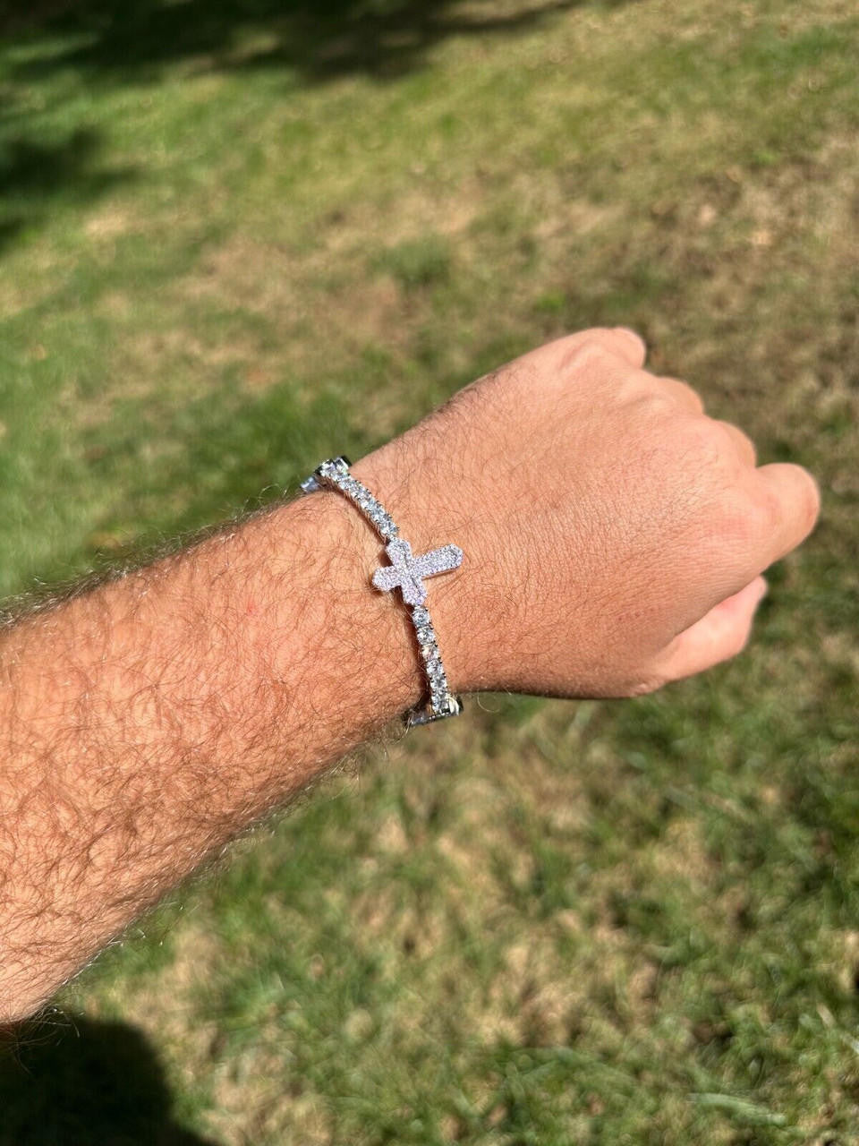 HarlemBling Moissanite Iced Cross Shape Tennis Bracelet Mens Ladies Hip Hop Real 925 Silver