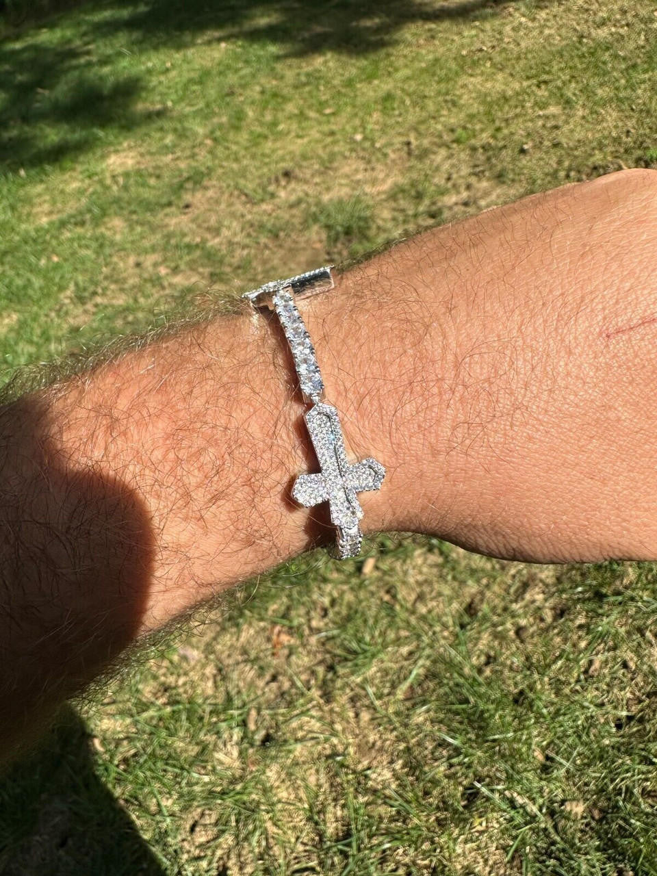 HarlemBling Moissanite Iced Cross Shape Tennis Bracelet Mens Ladies Hip Hop Real 925 Silver