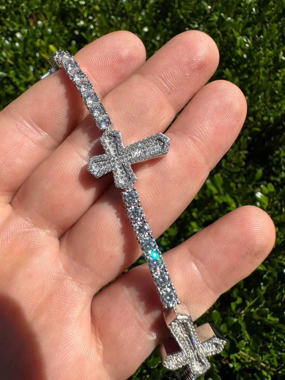 HarlemBling Moissanite Iced Cross Shape Tennis Bracelet Mens Ladies Hip Hop Real 925 Silver