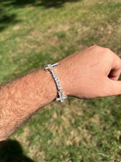 HarlemBling Moissanite Iced Cross Shape Tennis Bracelet Mens Ladies Hip Hop Real 925 Silver
