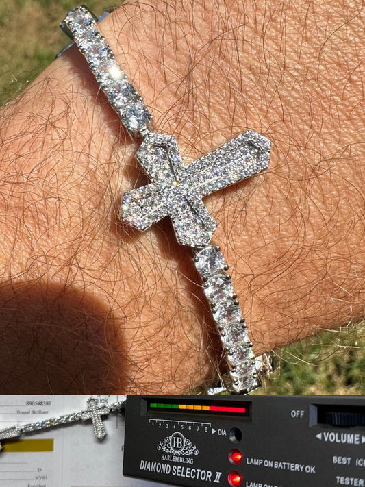 HarlemBling Moissanite Iced Cross Shape Tennis Bracelet Mens Ladies Hip Hop Real 925 Silver