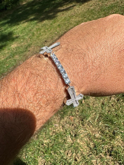 HarlemBling Moissanite Iced Cross Shape Tennis Bracelet Mens Ladies Hip Hop Real 925 Silver