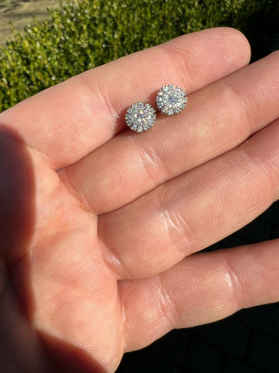 HarlemBling MOISSANITE Iced Hip Hop Out 8mm Earrings Round Cluster Studs Pass Diamond Tester