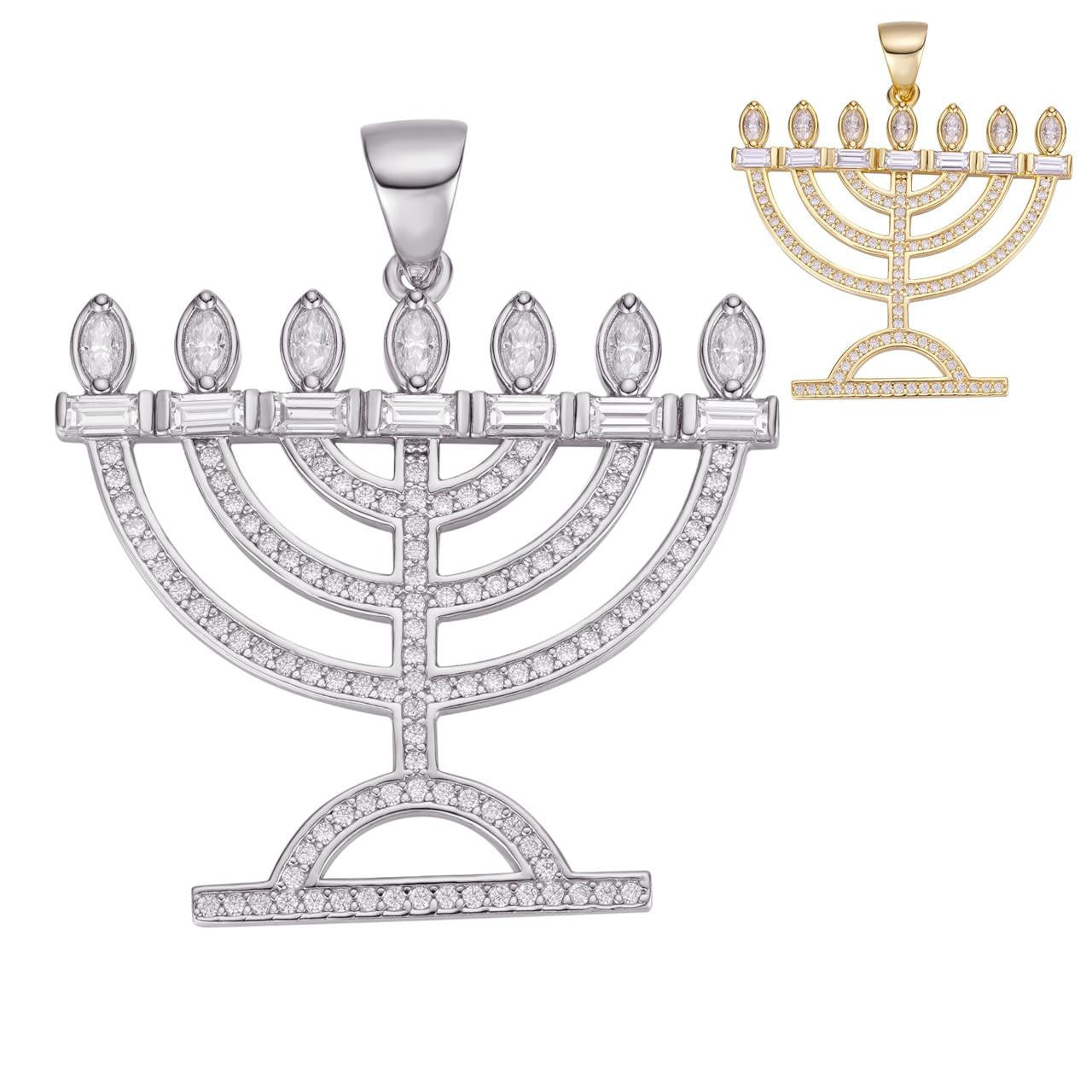 HarlemBling MOISSANITE Iced Jewish Menorah Hebrew Israelite Pendant - 14k Gold Vermeil Or 925 Silver - Medium 1.5"