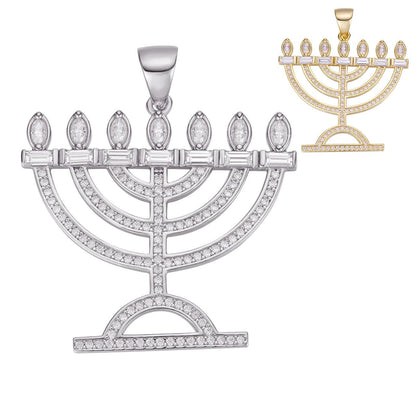 HarlemBling MOISSANITE Iced Jewish Menorah Hebrew Israelite Pendant - 14k Gold Vermeil Or 925 Silver - Medium 1.5"