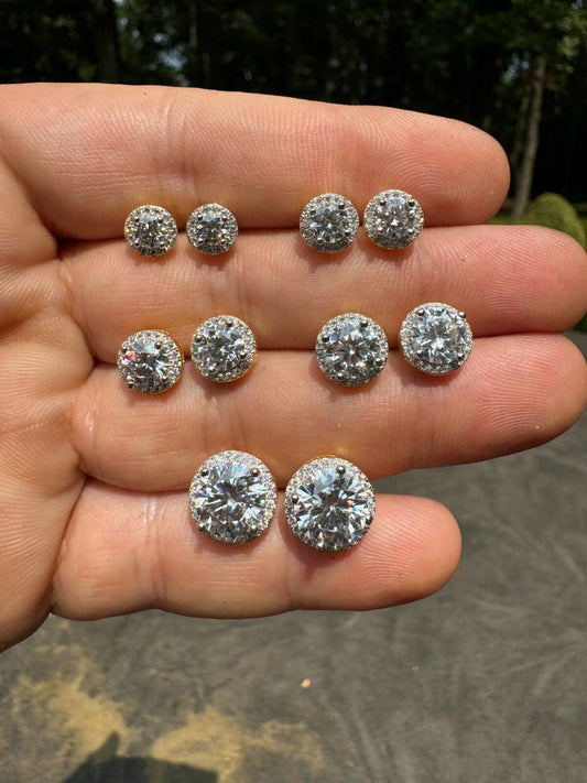 HarlemBling MOISSANITE Iced Out #1 Bestseller Halo Set Stud Earrings - 14k Gold Vermeil 925 Silver - 7mm -12mm