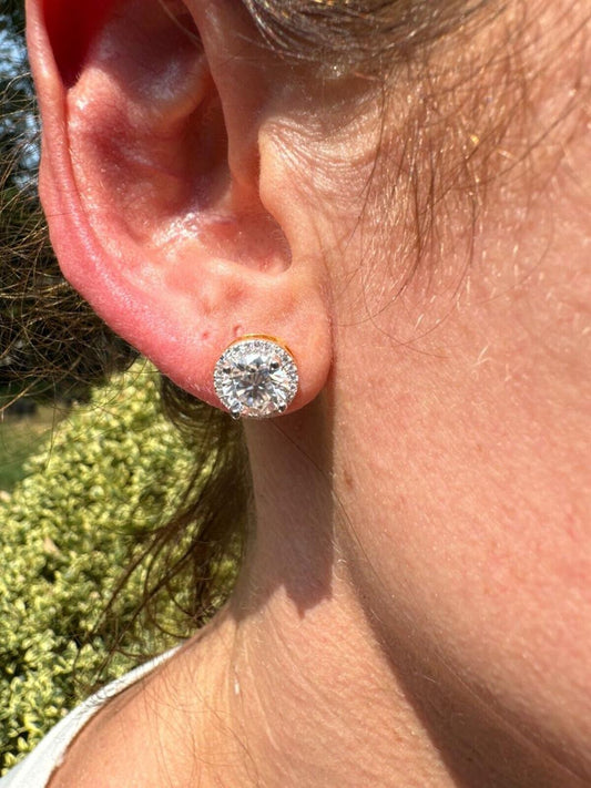 HarlemBling MOISSANITE Iced Out #1 Bestseller Halo Set Stud Earrings - 14k Gold Vermeil 925 Silver - 7mm -12mm