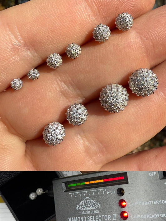 HarlemBling MOISSANITE Iced Out Disco Ball Stud Earrings - 925 Silver - 3-8mm