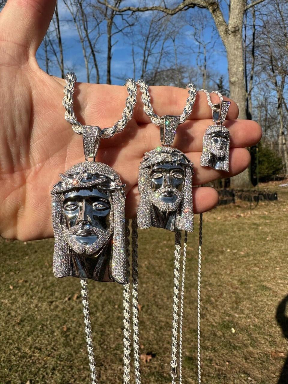 HarlemBling MOISSANITE Iced Out Hip Hop Jesus Face Pendant - 14k White Gold - 3 Sizes 1"-3"