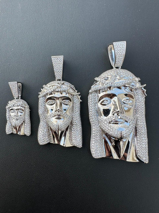 HarlemBling MOISSANITE Iced Out Hip Hop Jesus Face Pendant - 14k White Gold - 3 Sizes 1"-3"