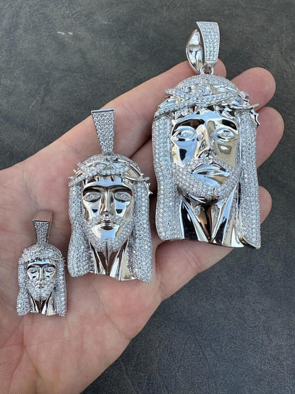 HarlemBling MOISSANITE Iced Out Hip Hop Jesus Face Pendant - 14k White Gold - 3 Sizes 1"-3"