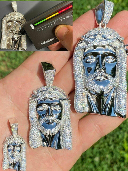 HarlemBling MOISSANITE Iced Out Hip Hop Jesus Face Pendant - 14k White Gold - 3 Sizes 1"-3"