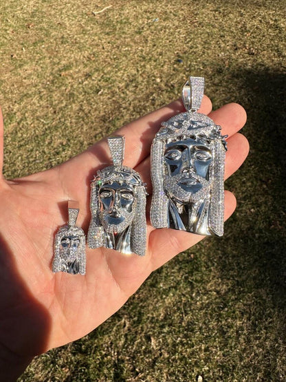 HarlemBling MOISSANITE Iced Out Hip Hop Jesus Face Pendant - 14k White Gold - 3 Sizes 1"-3"