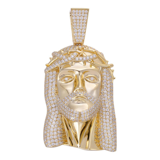 HarlemBling MOISSANITE Iced Out Hip Hop Jesus Face Pendant - 14k Yellow Gold Vermeil 925 Silver - 3 Sizes 1"-3"