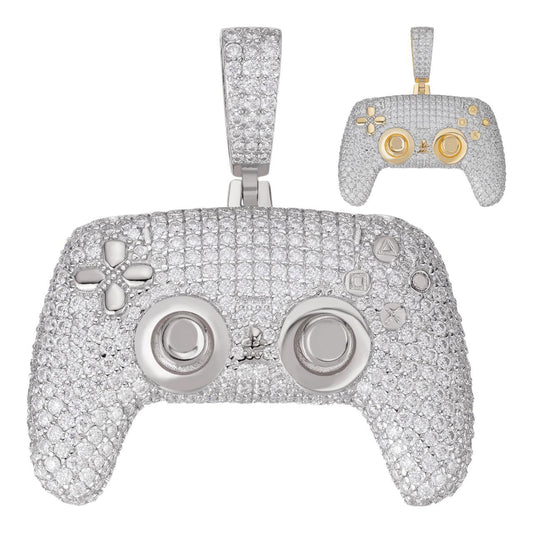HarlemBling MOISSANITE Iced Out Playstation PS5 Controller Pendant - 14k Gold Vermeil Or 925 Silver - Small 1.5"