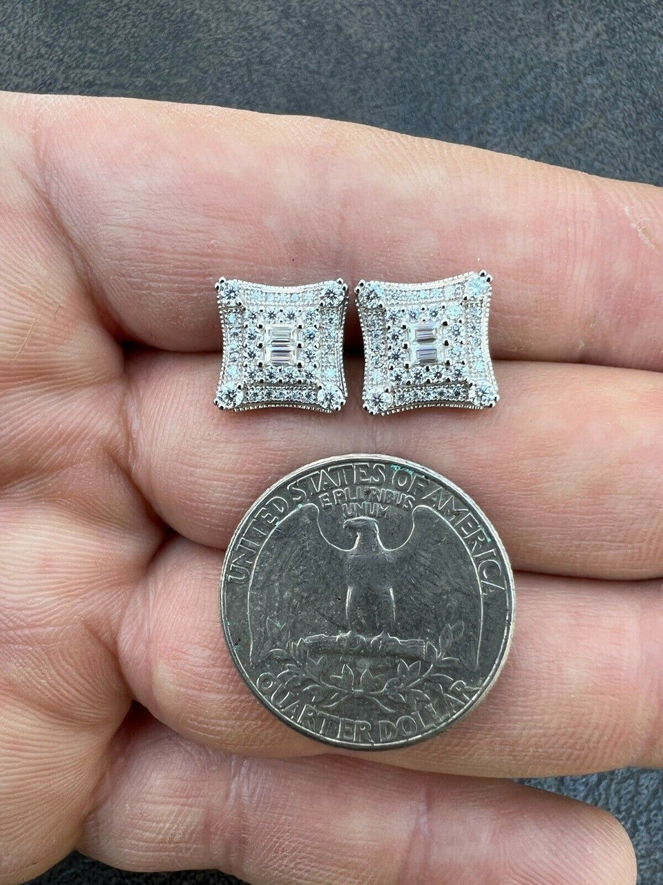 HarlemBling MOISSANITE Iced Silver HipHop Earrings Large Square Kite Baguette Diamond Test 