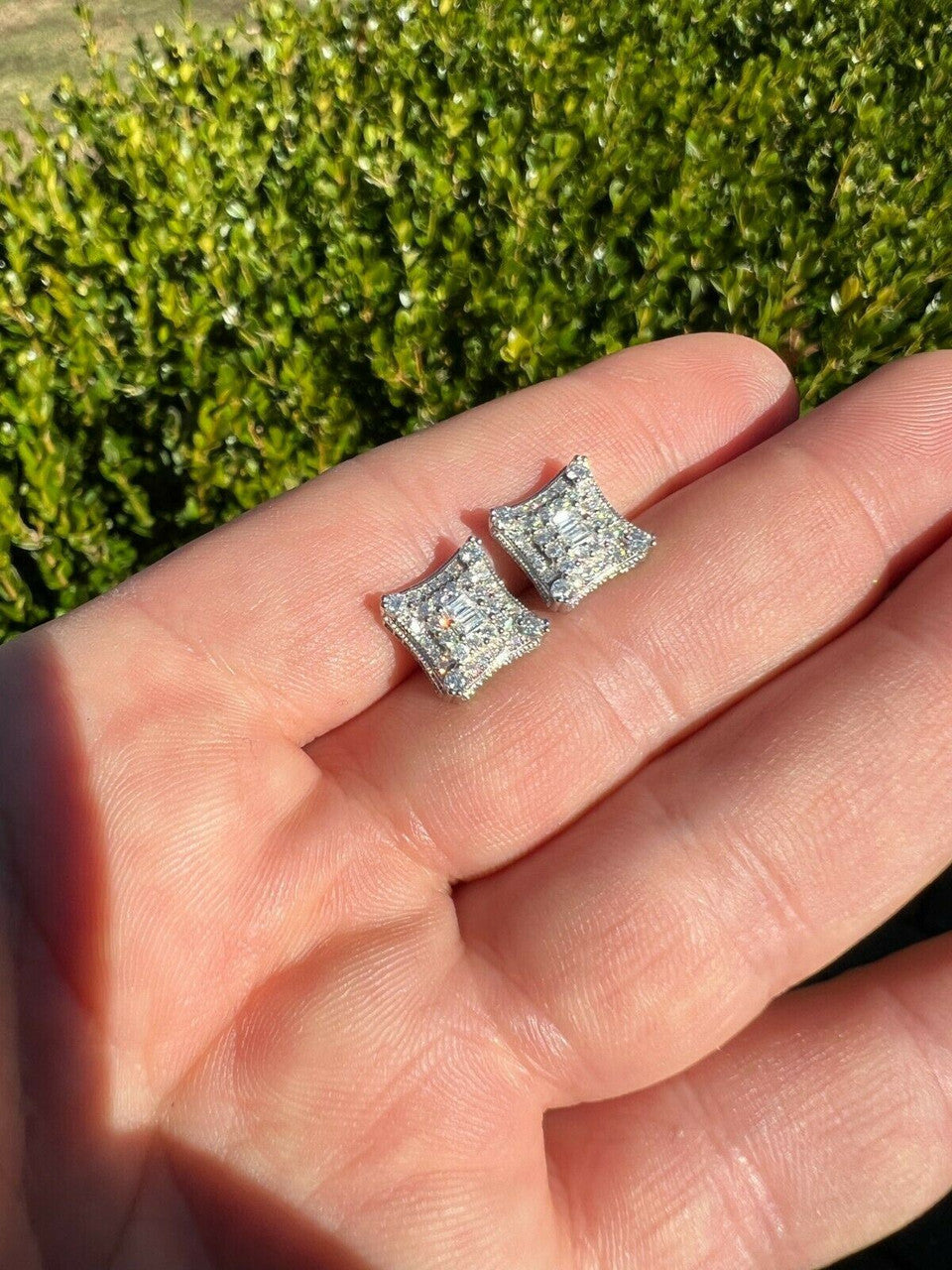 HarlemBling MOISSANITE Iced Silver HipHop Earrings Large Square Kite Baguette Diamond Test 