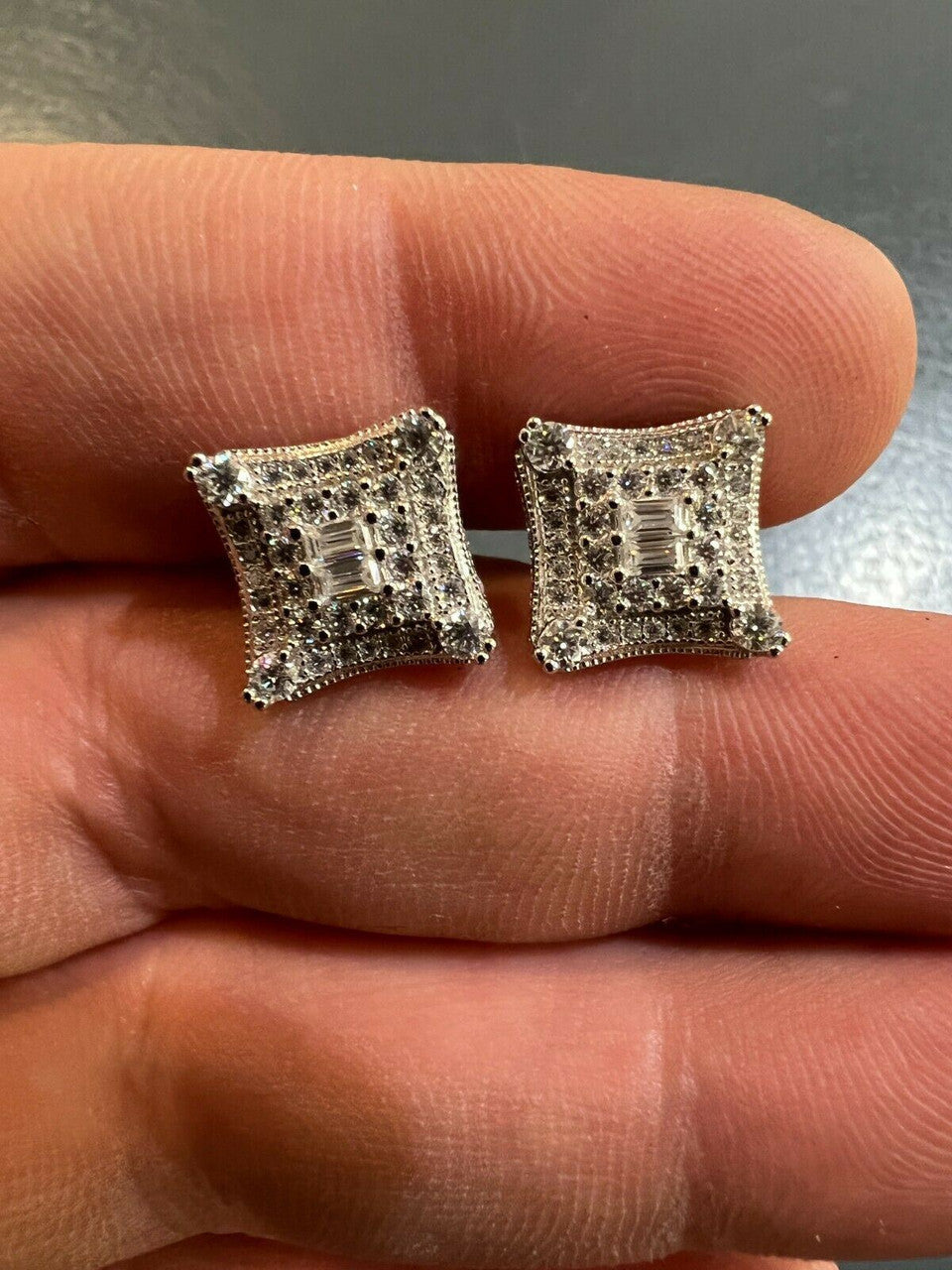 HarlemBling MOISSANITE Iced Silver HipHop Earrings Large Square Kite Baguette Diamond Test 