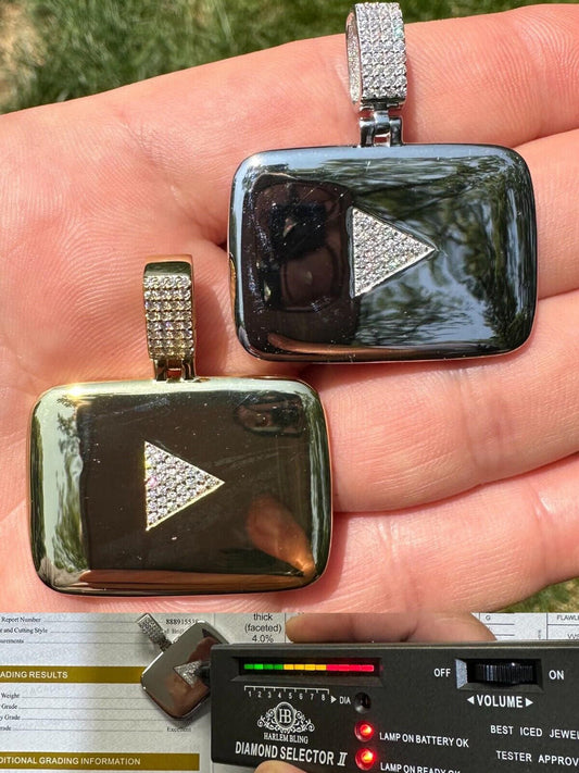 HarlemBling MOISSANITE Iced Youtube Play Button Pendant Real 925 Silver/Gold Plated Necklace