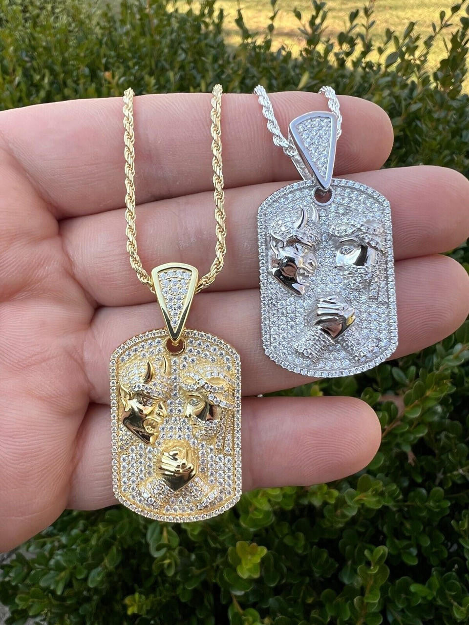 HarlemBling Moissanite Jesus Arm Wrestling Devil Satan Pendant 925 Silver/14k Gold Plated