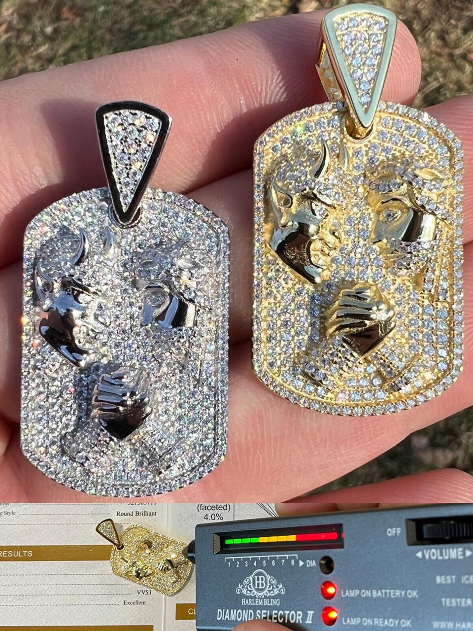 HarlemBling Moissanite Jesus Arm Wrestling Devil Satan Pendant 925 Silver/14k Gold Plated