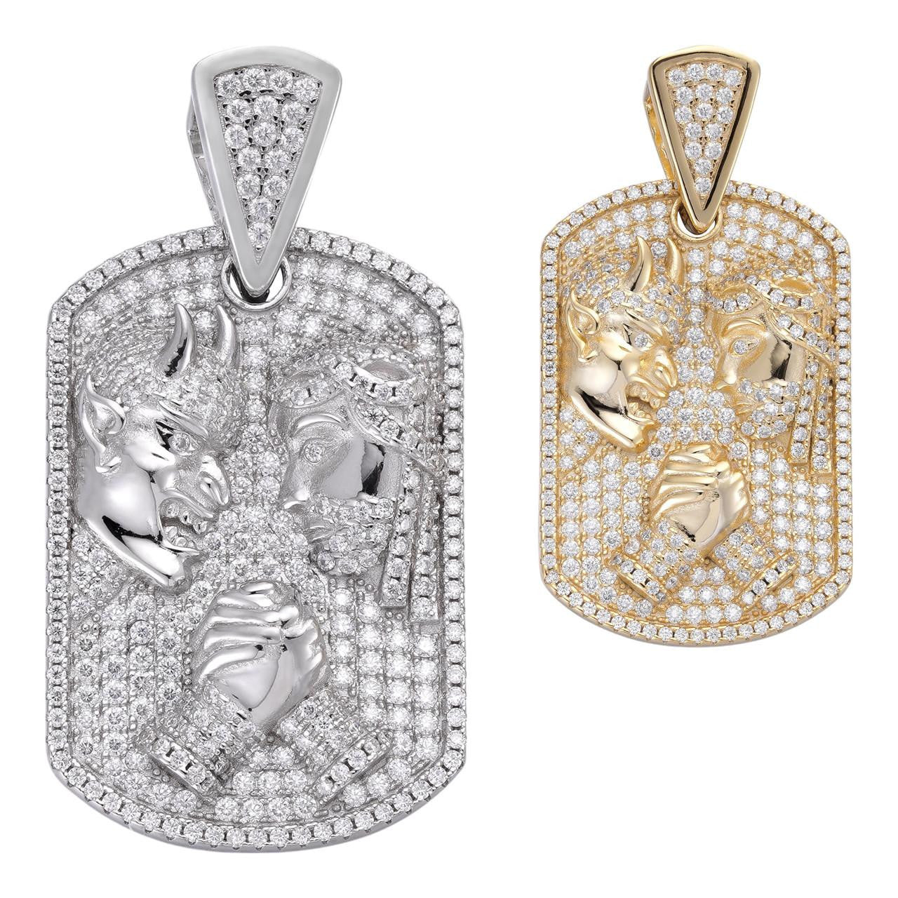 HarlemBling MOISSANITE Jesus Arm Wrestling Satan Pendant - 14k Gold Vermeil or 925 Silver - Small 1.5"