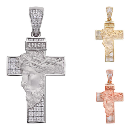 HarlemBling MOISSANITE Jesus Face On Cross Pendant - 14k Yellow/Rose Gold Vermeil Or 925 Silver - Large 2.5"