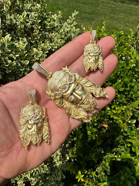 HarlemBling MOISSANITE Jesus Piece Iced Pendant Necklace - 14k Gold Vermeil Real 925 Sterling Silver -Sandblasted Matte Finish