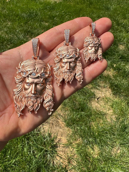 HarlemBling MOISSANITE Jesus Piece Iced Pendant Necklace - 14k Rose Gold Vermeil Real 925 Sterling Silver -Sandblasted Matte Finish