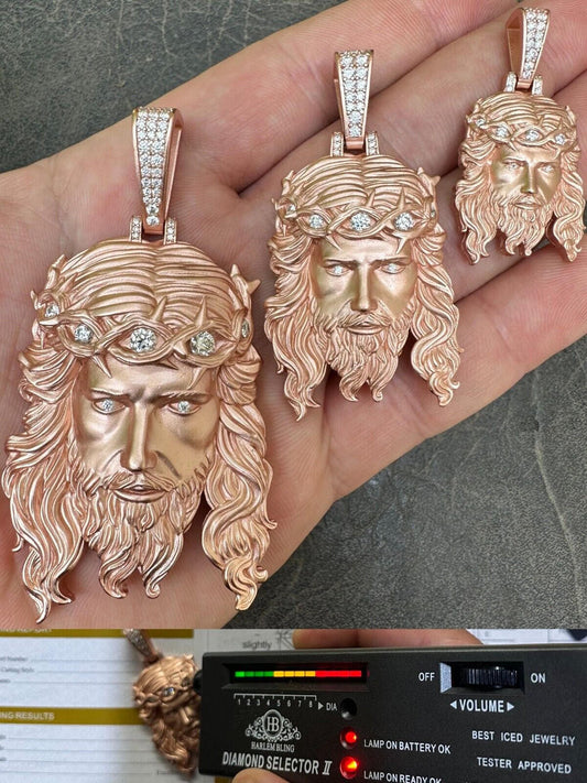HarlemBling MOISSANITE Jesus Piece Iced Pendant Necklace - 14k Rose Gold Vermeil Real 925 Sterling Silver -Sandblasted Matte Finish