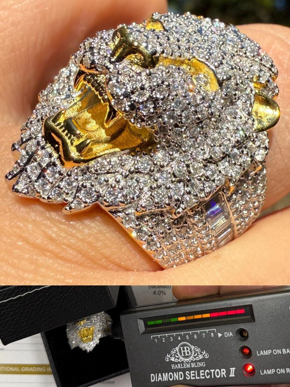 MOISSANITE Mens Large Lion Iced Hip Hop Ring 14k Gold Vermeil Over