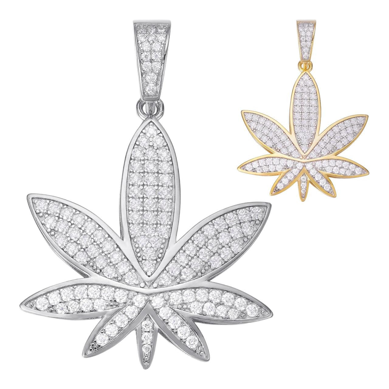 HarlemBling MOISSANITE Marijuana Weed Pot Iced Out Pendant - 14k Gold Vermeil Or 925 Silver - Medium 1.75"