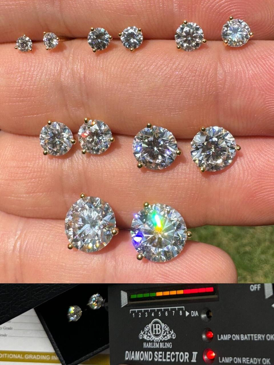 HarlemBling MOISSANITE Martini 3-Prong Solitaire Pushback Stud Earrings - 14k Gold Vermeil 925 Silver - 3mm-10mm - 0.2-8ct