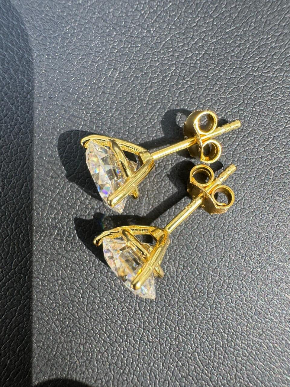 HarlemBling MOISSANITE Martini 3-Prong Solitaire Pushback Stud Earrings - 14k Gold Vermeil 925 Silver - 3mm-10mm - 0.2-8ct