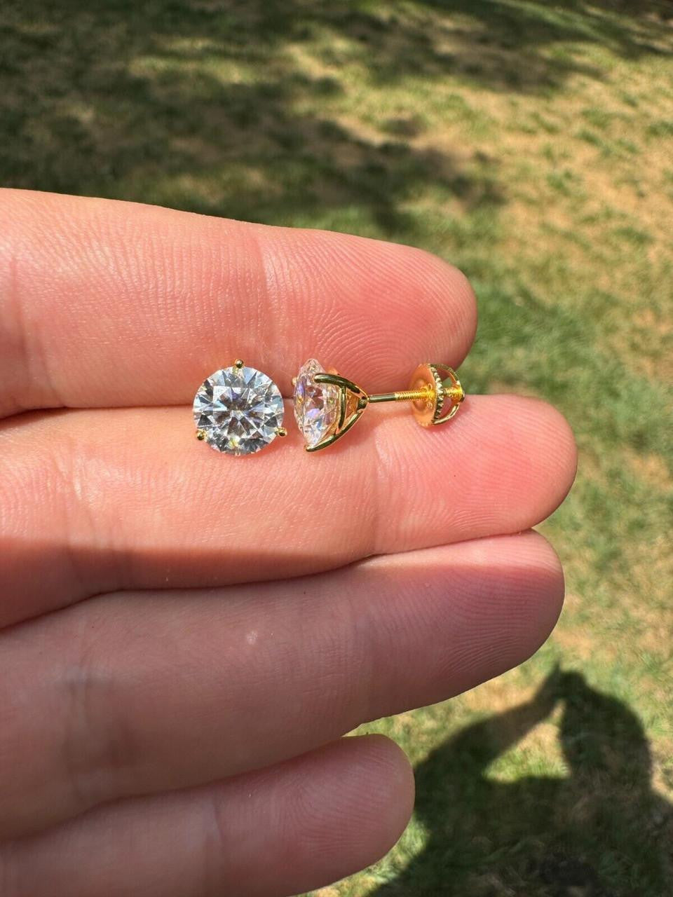 HarlemBling MOISSANITE Martini 3-Prong Solitaire Pushback Stud Earrings - 14k Gold Vermeil 925 Silver - 3mm-10mm - 0.2-8ct