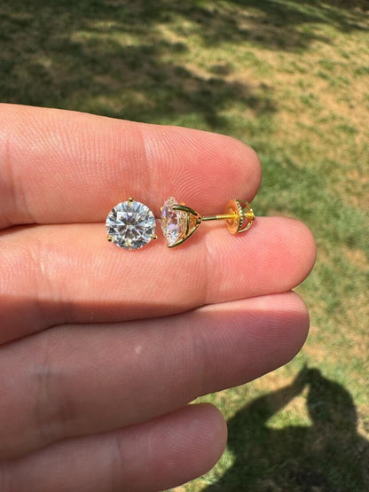 HarlemBling MOISSANITE Martini 3-Prong Solitaire Pushback Stud Earrings - 14k Gold Vermeil 925 Silver - 3mm-10mm - 0.2-8ct