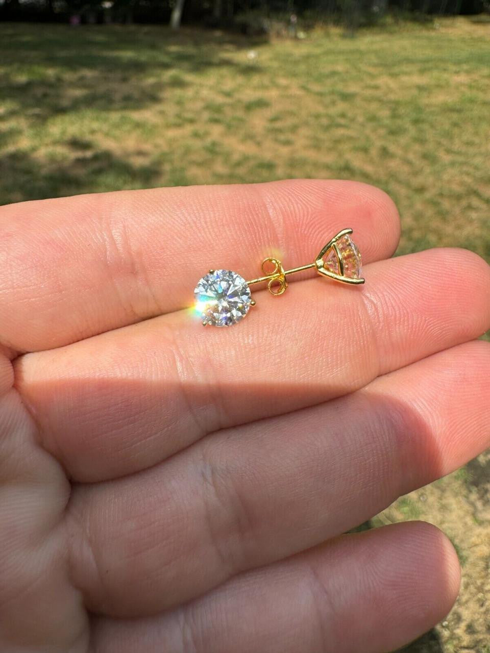 HarlemBling MOISSANITE Martini 3-Prong Solitaire Pushback Stud Earrings - 14k Gold Vermeil 925 Silver - 3mm-10mm - 0.2-8ct