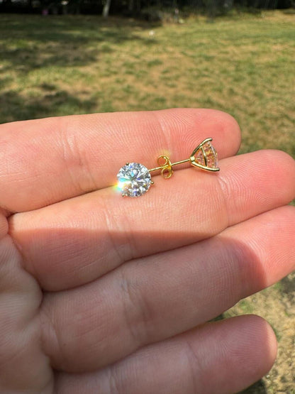 HarlemBling MOISSANITE Martini 3-Prong Solitaire Pushback Stud Earrings - 14k Gold Vermeil 925 Silver - 3mm-10mm - 0.2-8ct