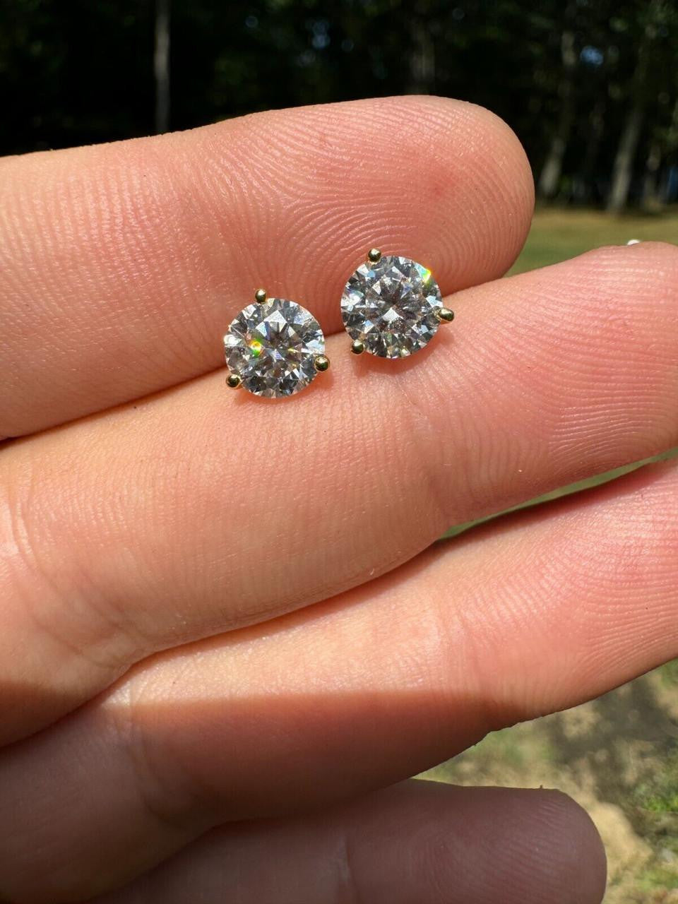 HarlemBling MOISSANITE Martini 3-Prong Solitaire Pushback Stud Earrings - 14k Gold Vermeil 925 Silver - 3mm-10mm - 0.2-8ct