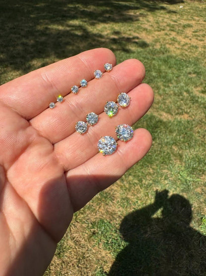 HarlemBling MOISSANITE Martini 3-Prong Solitaire Pushback Stud Earrings - 14k Gold Vermeil 925 Silver - 3mm-10mm - 0.2-8ct