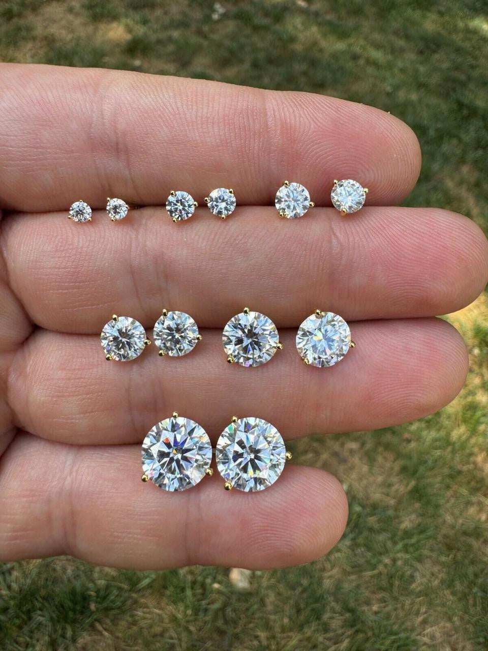 HarlemBling MOISSANITE Martini 3-Prong Solitaire Pushback Stud Earrings - 14k Gold Vermeil 925 Silver - 3mm-10mm - 0.2-8ct