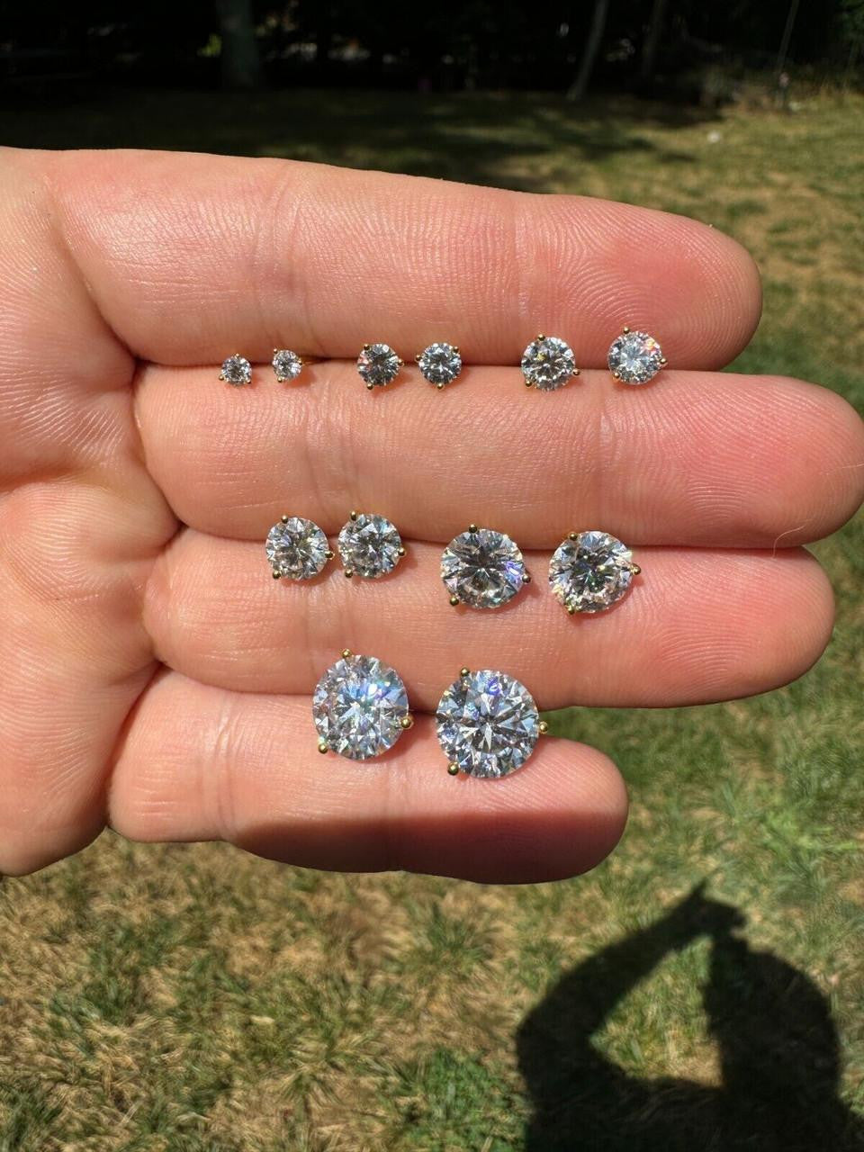 HarlemBling MOISSANITE Martini 3-Prong Solitaire Pushback Stud Earrings - 14k Gold Vermeil 925 Silver - 3mm-10mm - 0.2-8ct