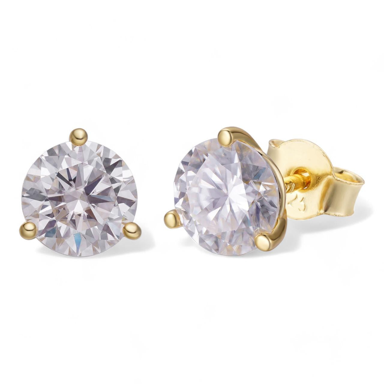 HarlemBling MOISSANITE Martini 3-Prong Solitaire Pushback Stud Earrings - 14k Gold Vermeil 925 Silver - 3mm-10mm - 0.2-8ct