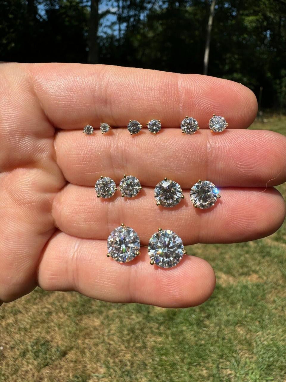 HarlemBling MOISSANITE Martini 3-Prong Solitaire Pushback Stud Earrings - 14k Gold Vermeil 925 Silver - 3mm-10mm - 0.2-8ct