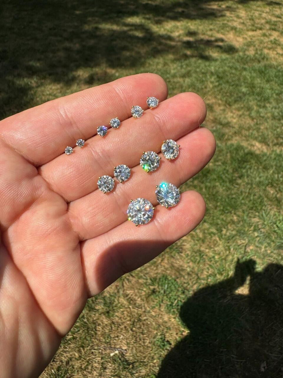 HarlemBling MOISSANITE Martini 3-Prong Solitaire Pushback Stud Earrings - 14k Gold Vermeil 925 Silver - 3mm-10mm - 0.2-8ct