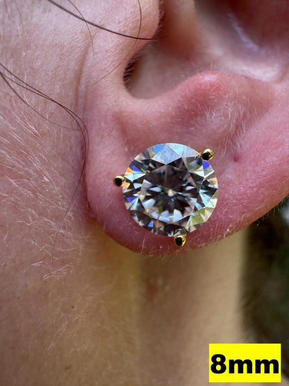 HarlemBling MOISSANITE Martini 3-Prong Solitaire Pushback Stud Earrings - 14k Gold Vermeil 925 Silver - 3mm-10mm - 0.2-8ct