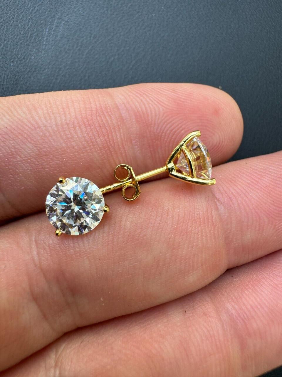 HarlemBling MOISSANITE Martini 3-Prong Solitaire Pushback Stud Earrings - 14k Gold Vermeil 925 Silver - 3mm-10mm - 0.2-8ct