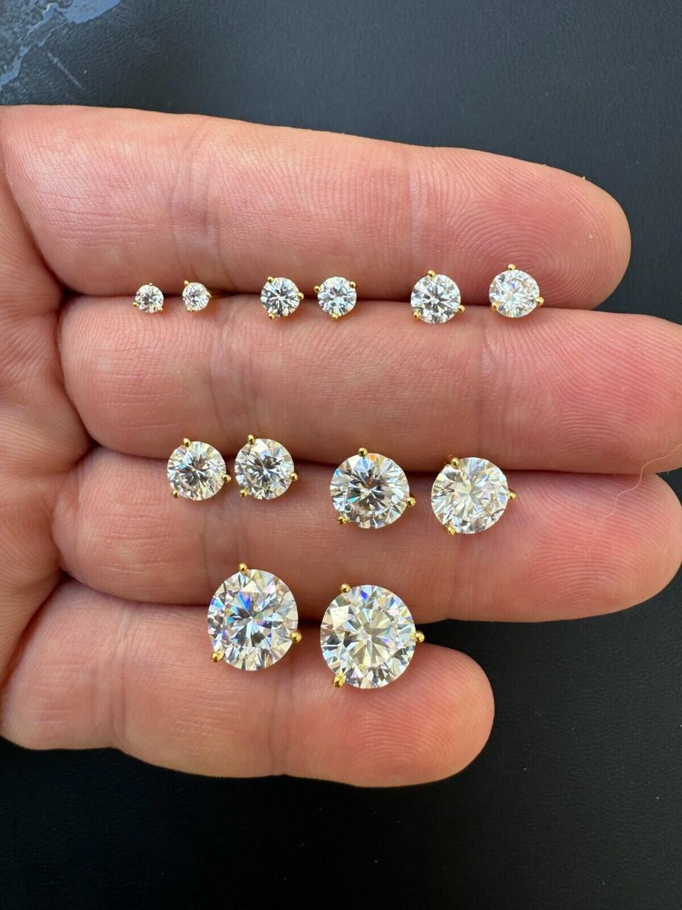 HarlemBling MOISSANITE Martini 3-Prong Solitaire Pushback Stud Earrings - 14k Gold Vermeil 925 Silver - 3mm-10mm - 0.2-8ct