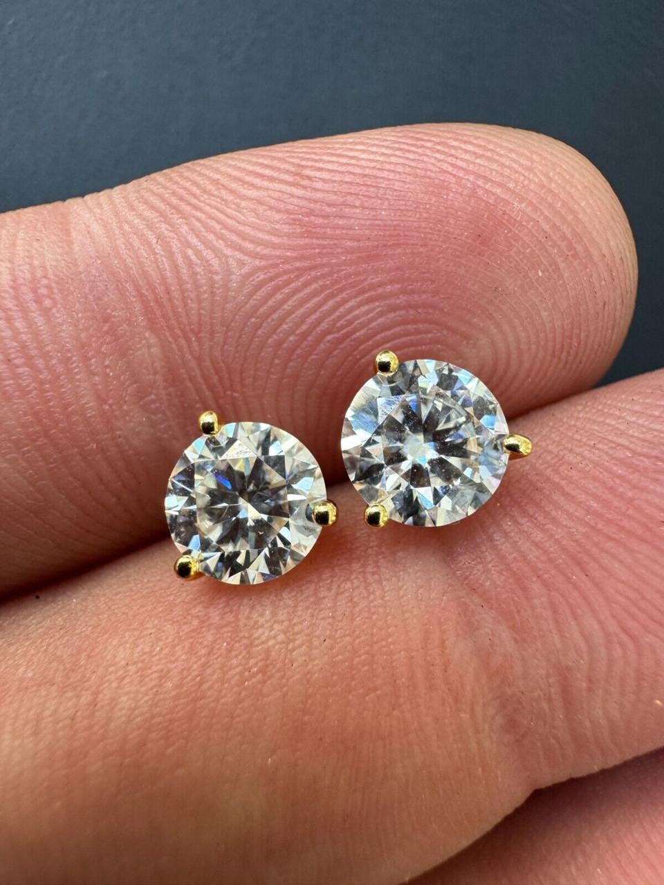 HarlemBling MOISSANITE Martini 3-Prong Solitaire Pushback Stud Earrings - 14k Gold Vermeil 925 Silver - 3mm-10mm - 0.2-8ct