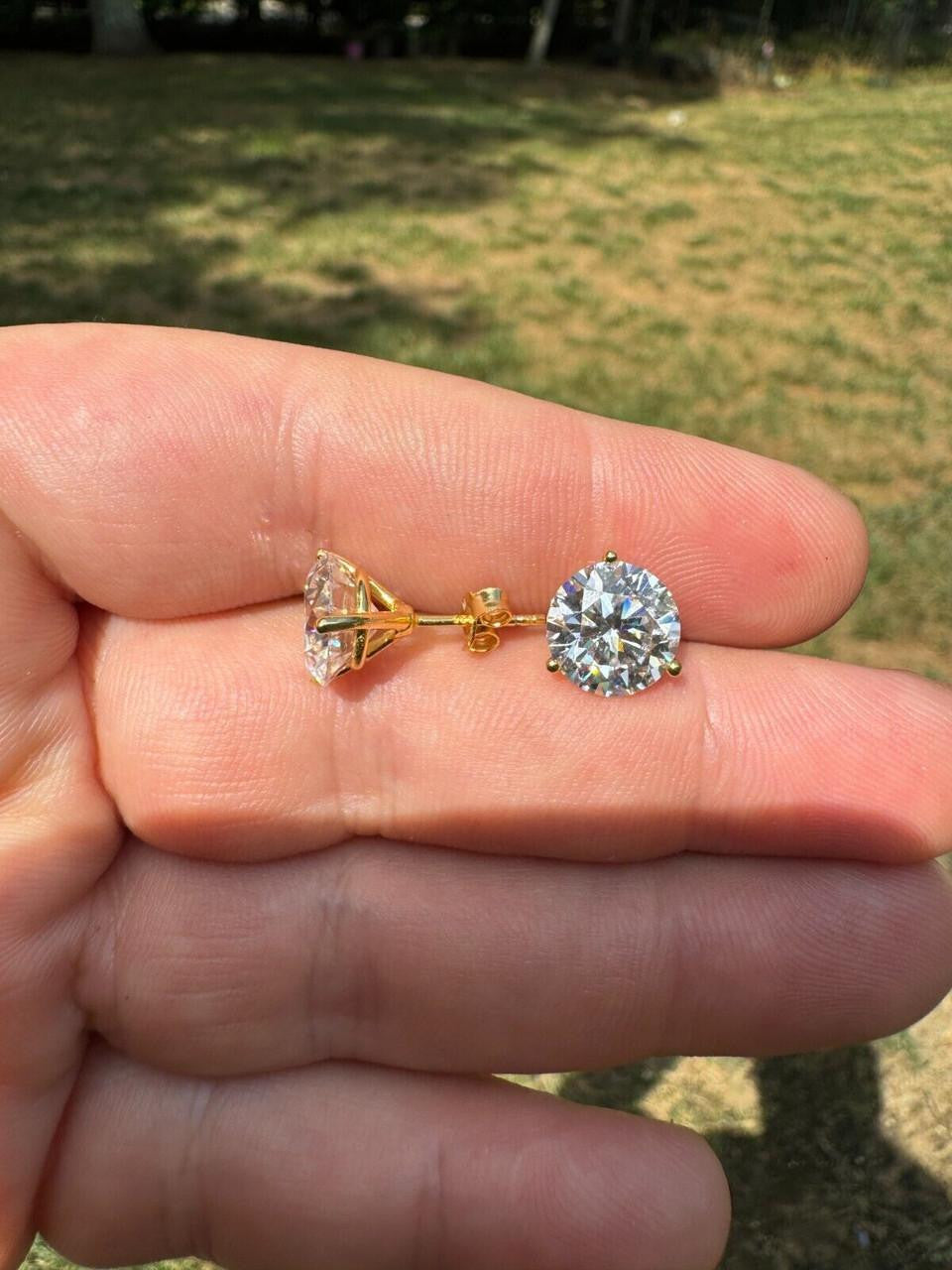 HarlemBling MOISSANITE Martini 3-Prong Solitaire Pushback Stud Earrings - 14k Gold Vermeil 925 Silver - 3mm-10mm - 0.2-8ct